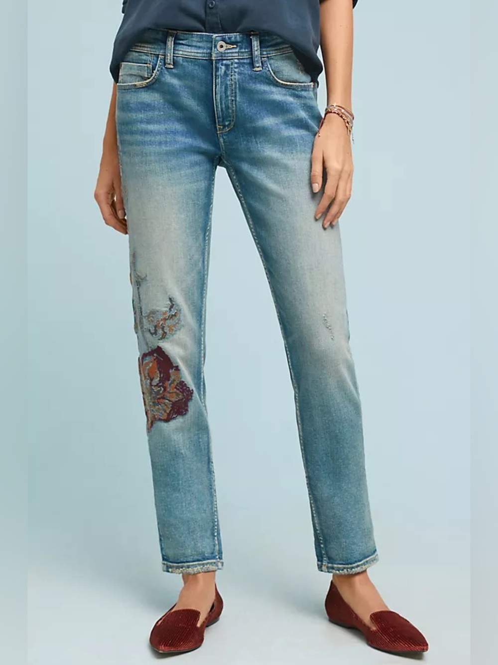 Anthropologie Pilcro Mid-Rise Slim Boyfriend Jeans with Embroidery